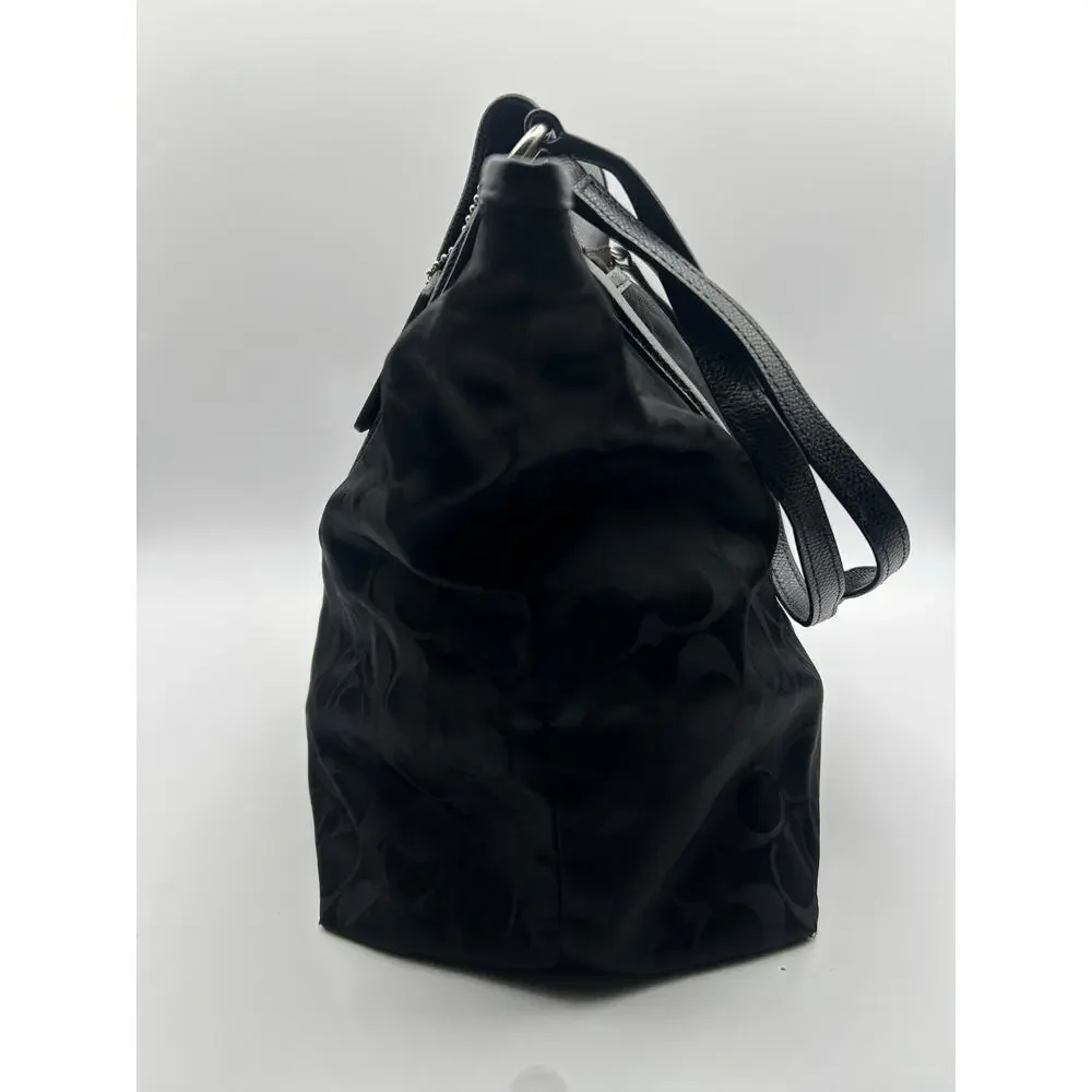 Coach Black Signature C Nylon Tote Leather Trim Shoulder Bag Large Handbag - Picture 5 of 7